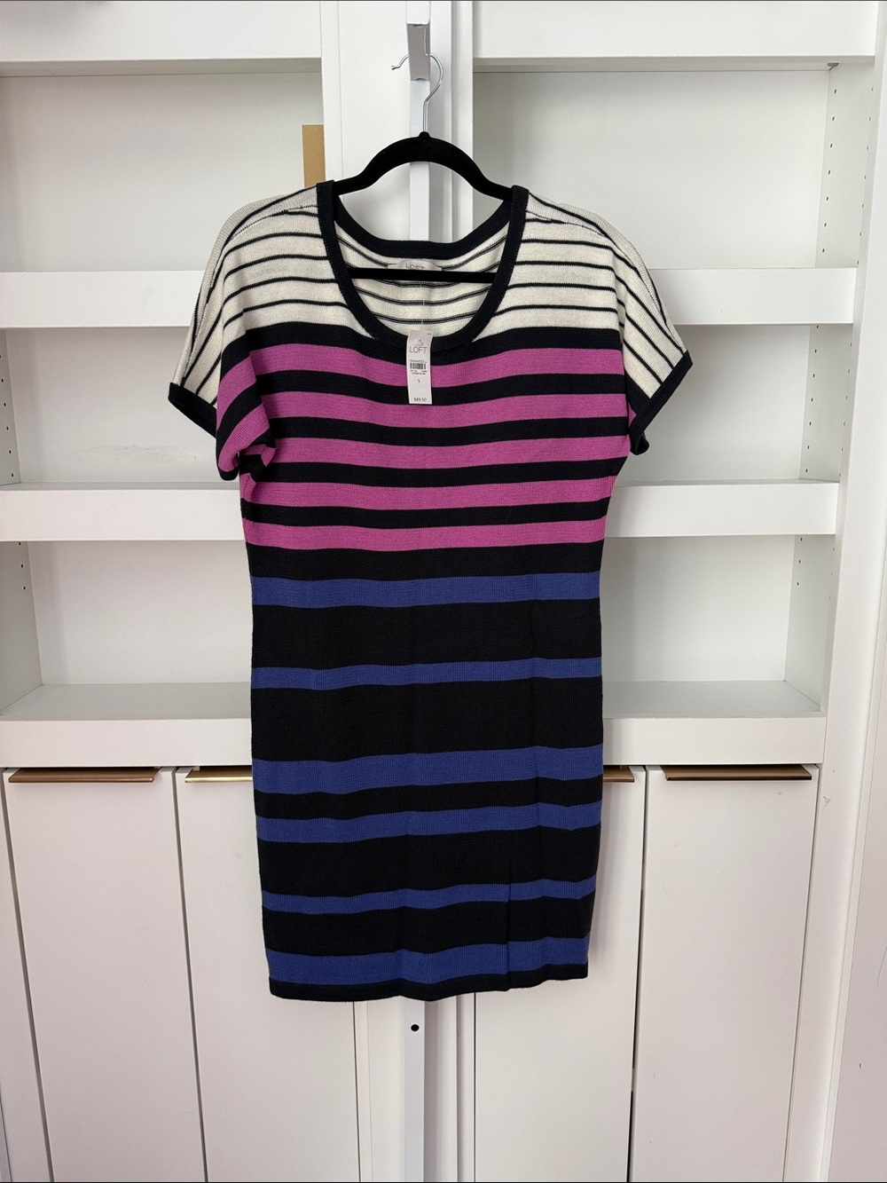 NWT Ann Taylor LOFT Wool Knee Length Dress Small Purple White Blue Black Stripe